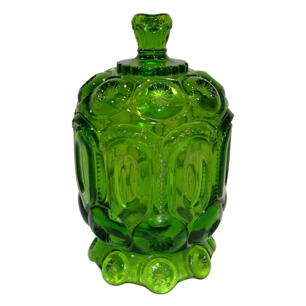 L.E. Smith Moon and Star Green Glass Lidded Candy Canister Jar 7.5"